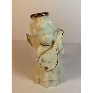 Vintage Porcelain Angel Figurine Playing Mandolin White with Gold Trim